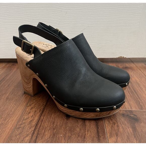 KORK-EASE Darby Black Leather Woodgrain Platform Slingback Clogs Shoes Sz 9M - Picture 4 of 13